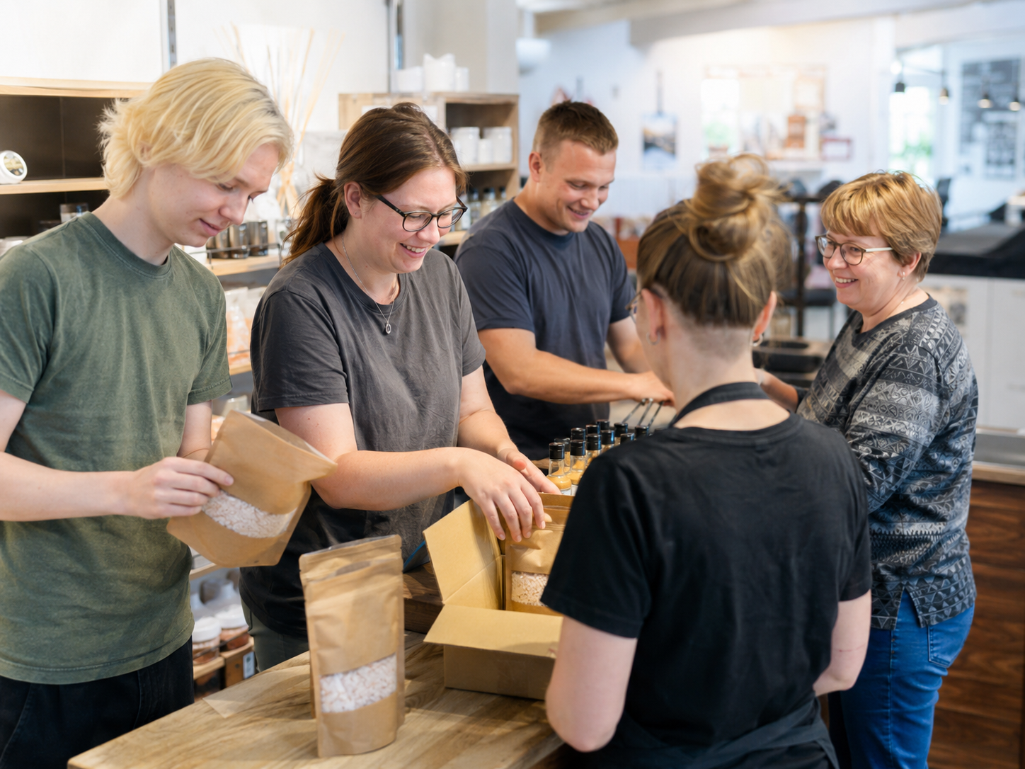 Deltagere og medarbejdere samarbejder på Mariager Saltcenter