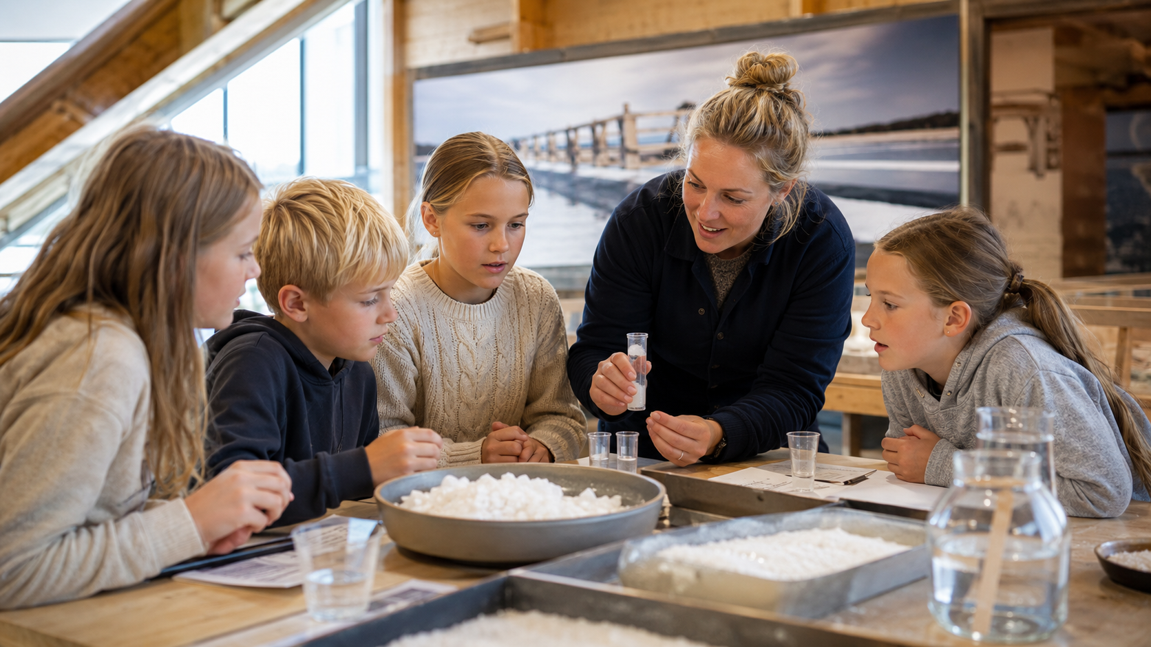 Elever arbejder med saltforsøg i Skoletjenesten på Mariager Saltcenter